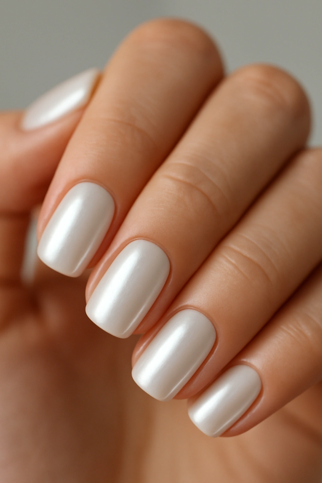 Close-up of white milky chrome nails with pearlescent glow