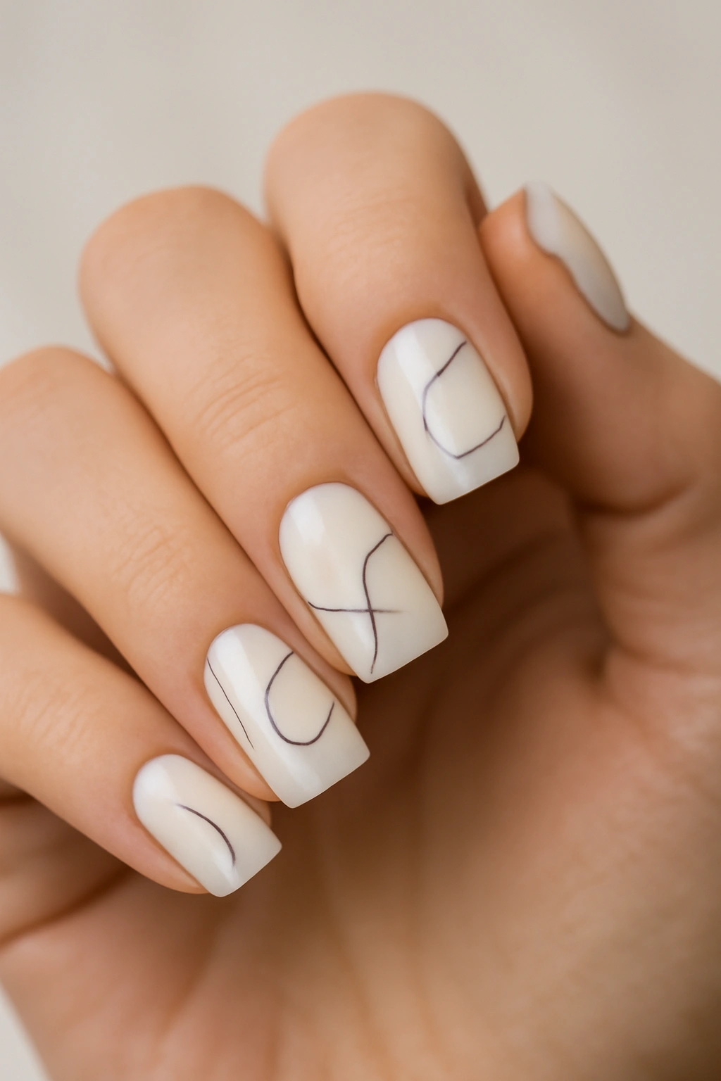 Close-up of milky white nails with delicate line art.