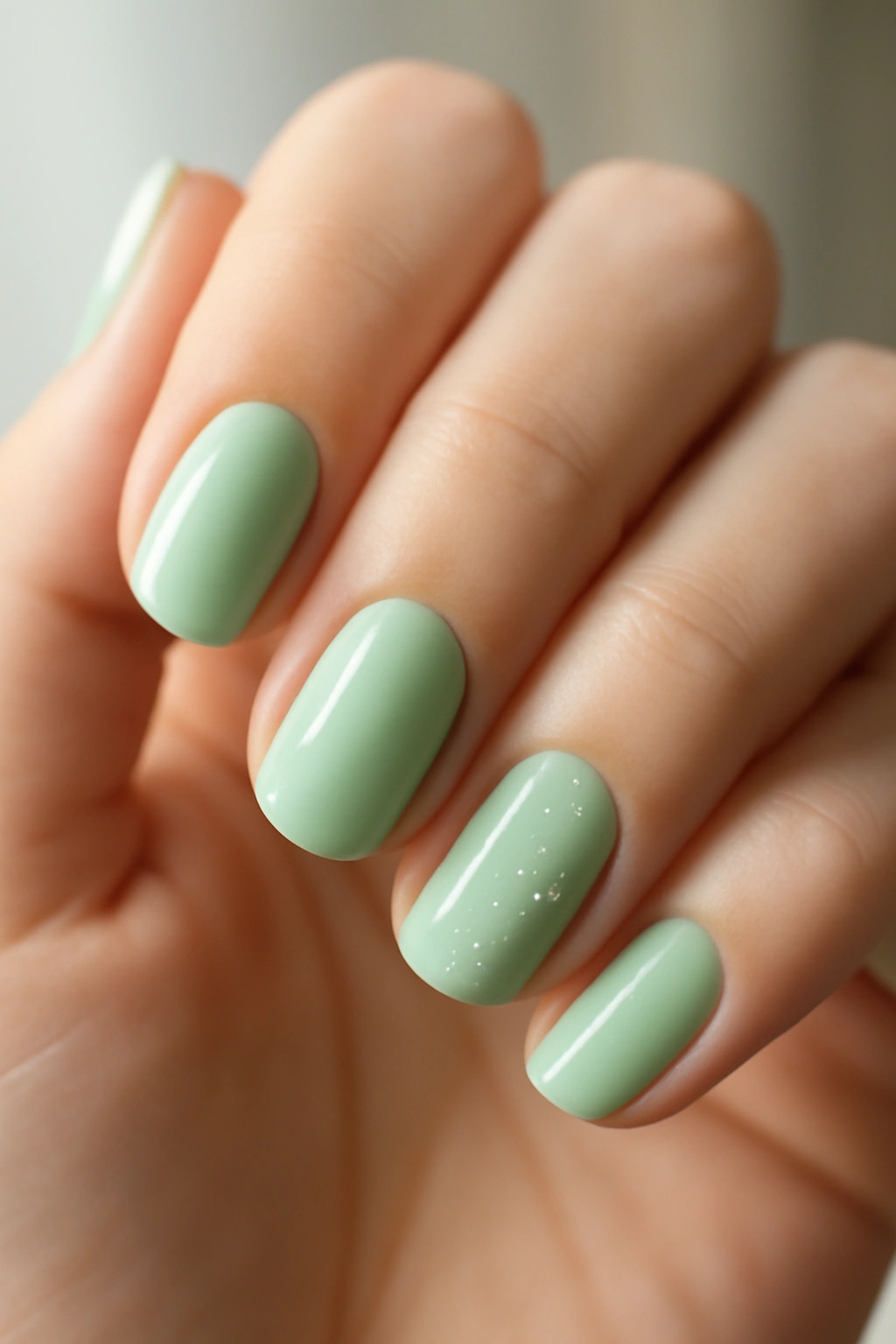 Close-up of mint green nails with subtle floral accents
