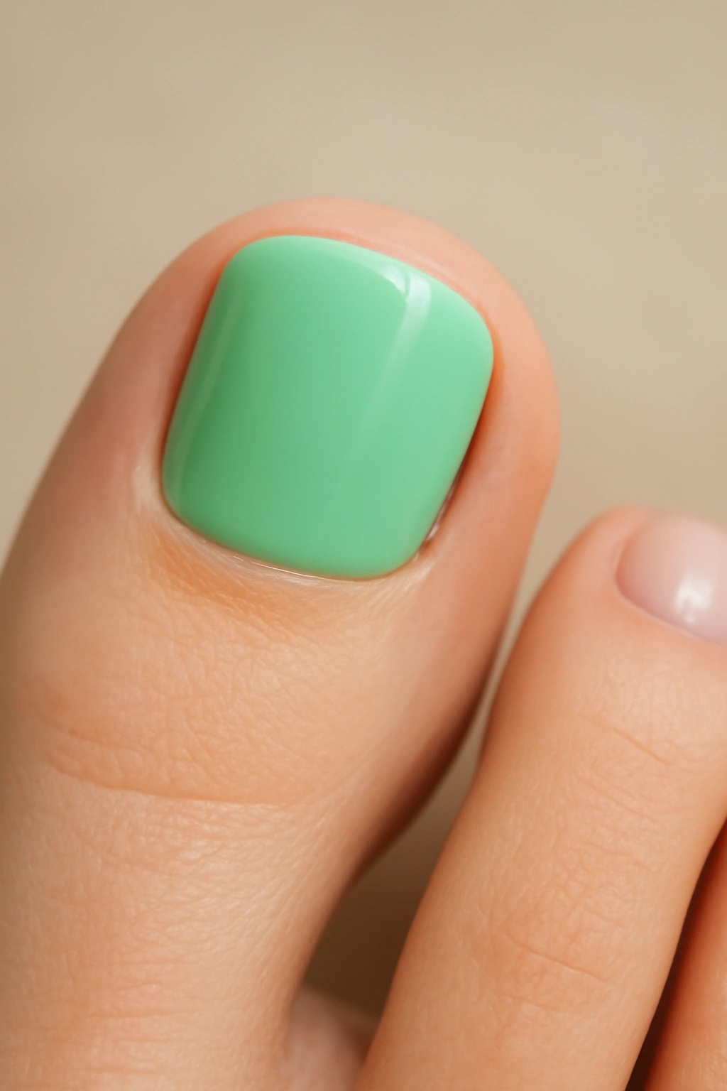 Close-up of a mint green toenail with glossy finish