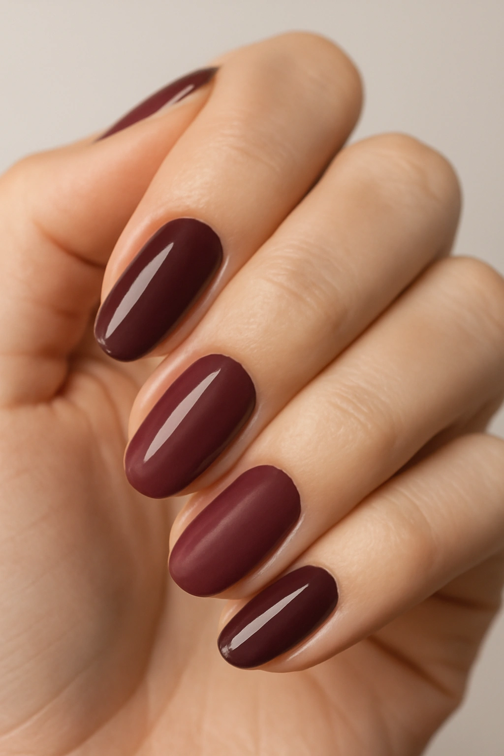 Close-up of nails in deep plum and muted wine tones