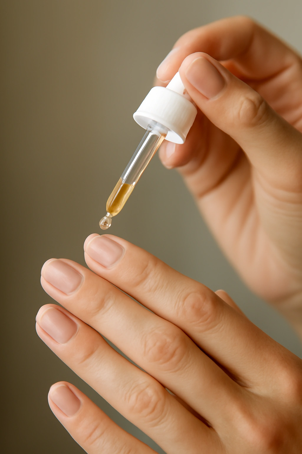Hands applying cuticle oil to nails in a calm setting