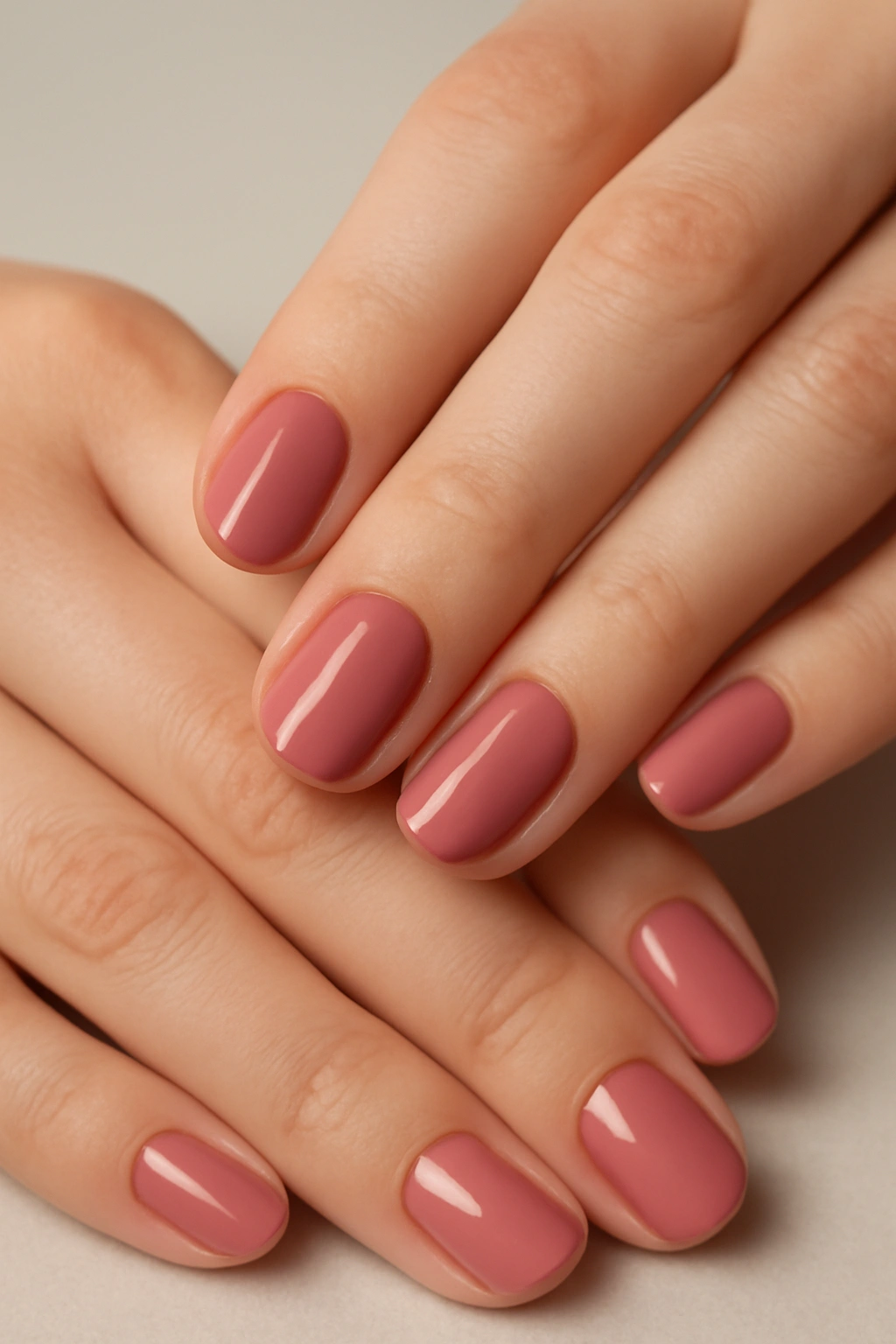 Close-up of hands with solid color gel nails across all nails and neat cuticles