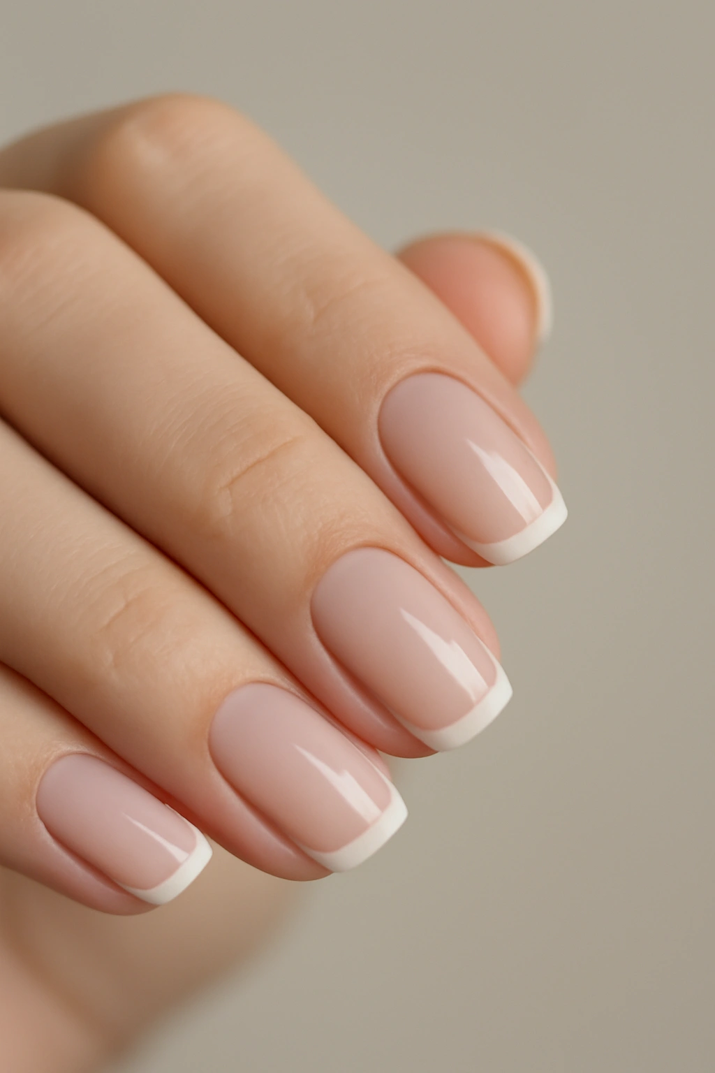 Close-up of nails with pale pink nude base and subtle white tips