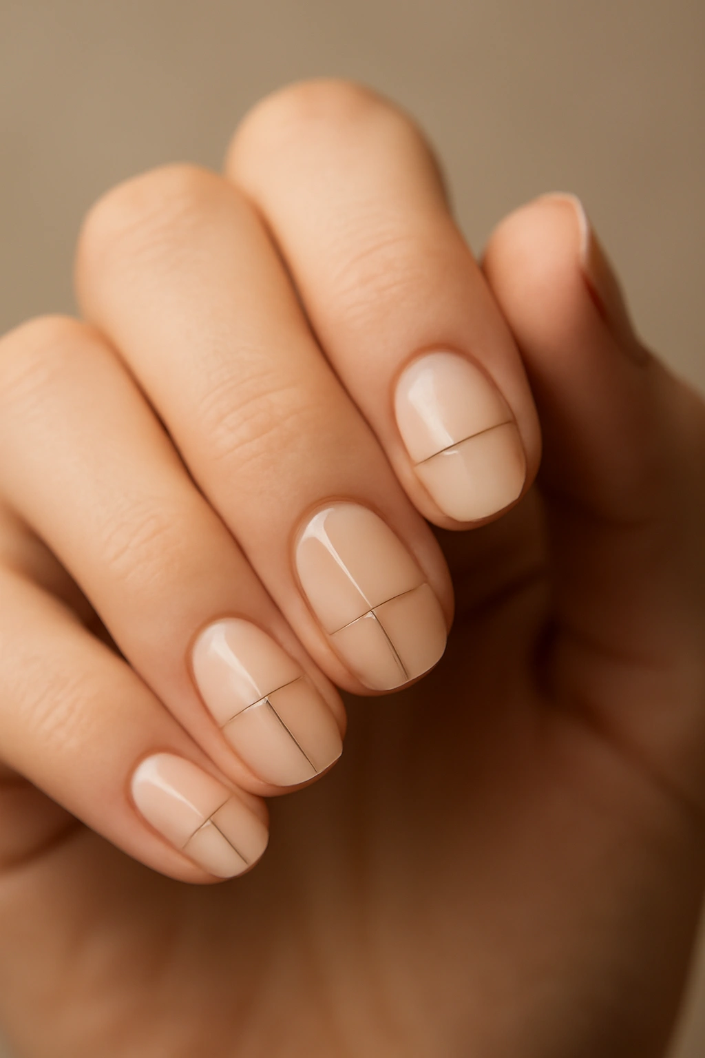 Nails with metallic geometric lines on a nude base