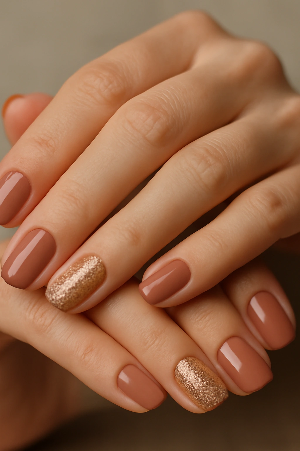 Hands with solid color nails and glitter accent nails on each hand