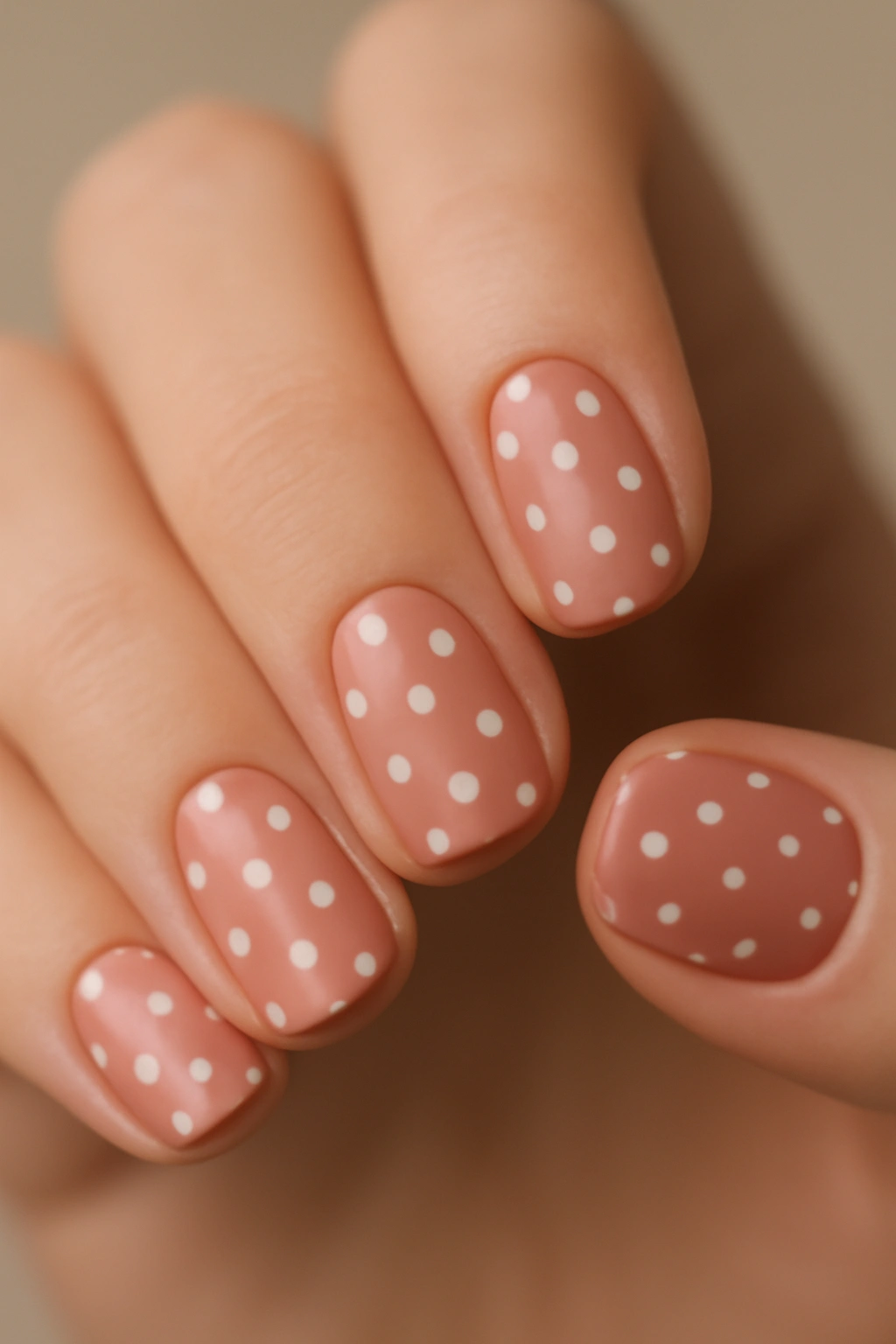 Nails with tiny polka dot pattern on a solid color base