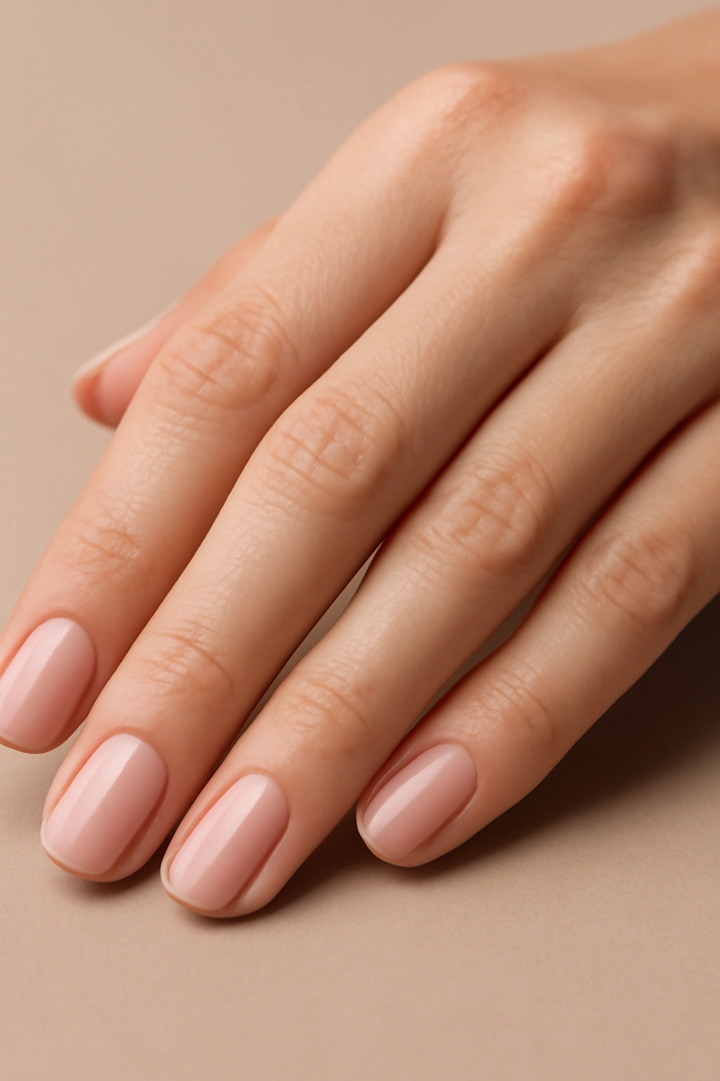 Close-up of hand with nude manicure in beige and pale pink tones