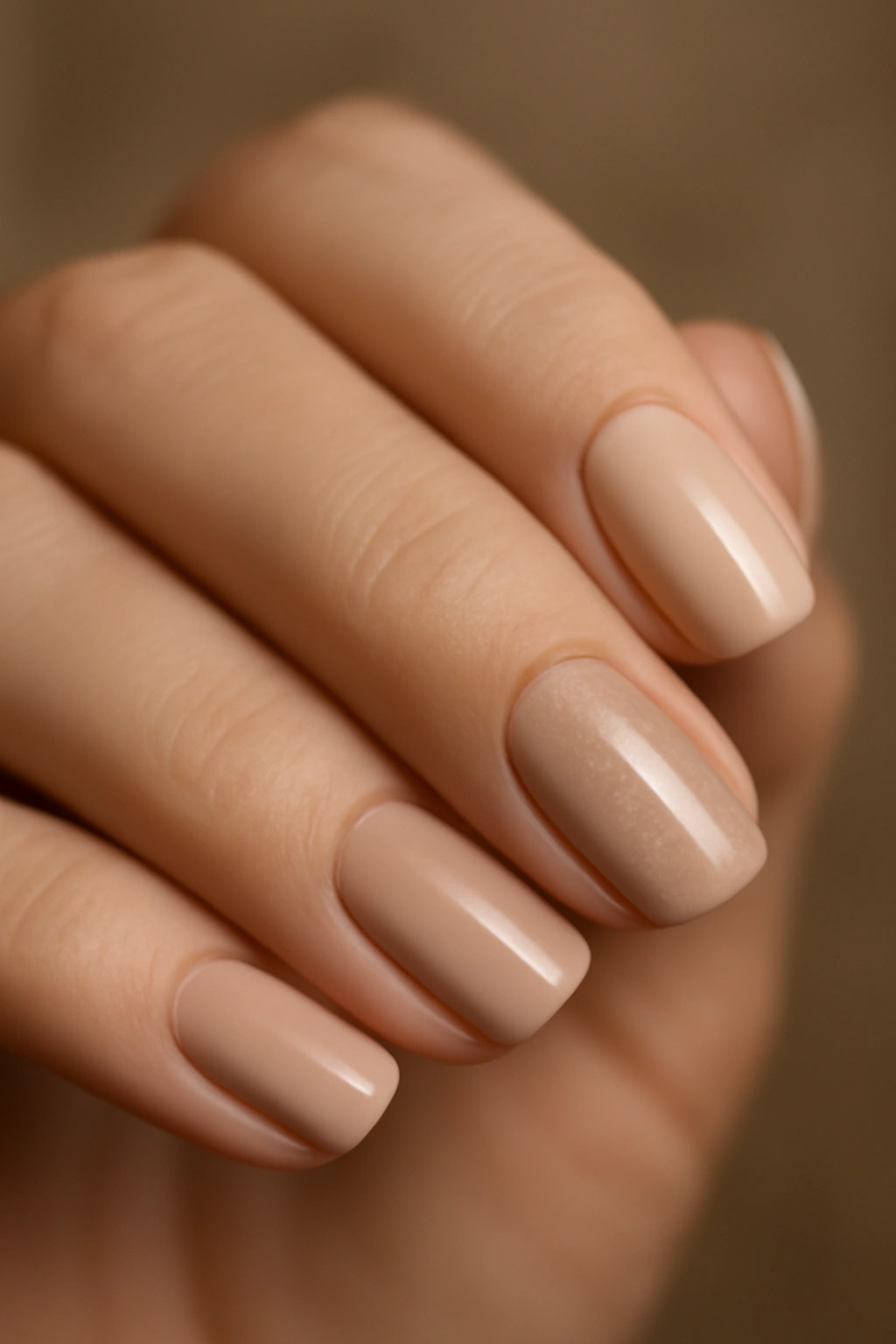 Close-up of nails in creamy beige and soft taupe with a subtle shimmer accent