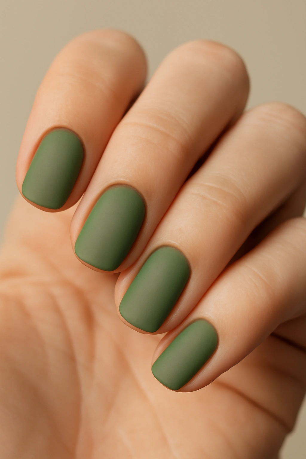 Close-up of olive green nails in muted earthy tone