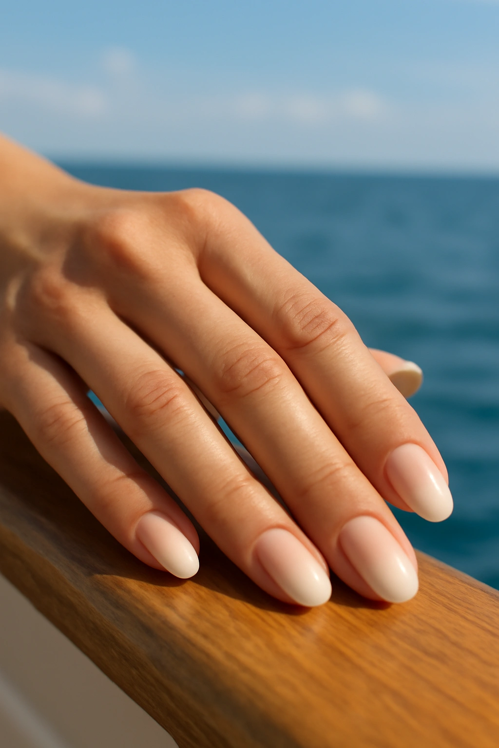 Close-up of hand with soft ombre French manicure on yacht deck