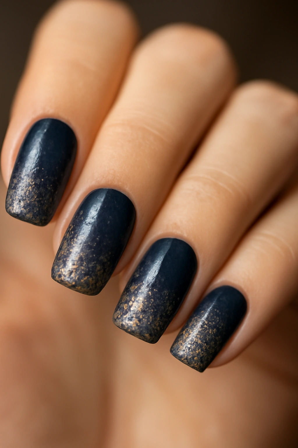 Nails with navy gradient fading into silver glitter at tips.