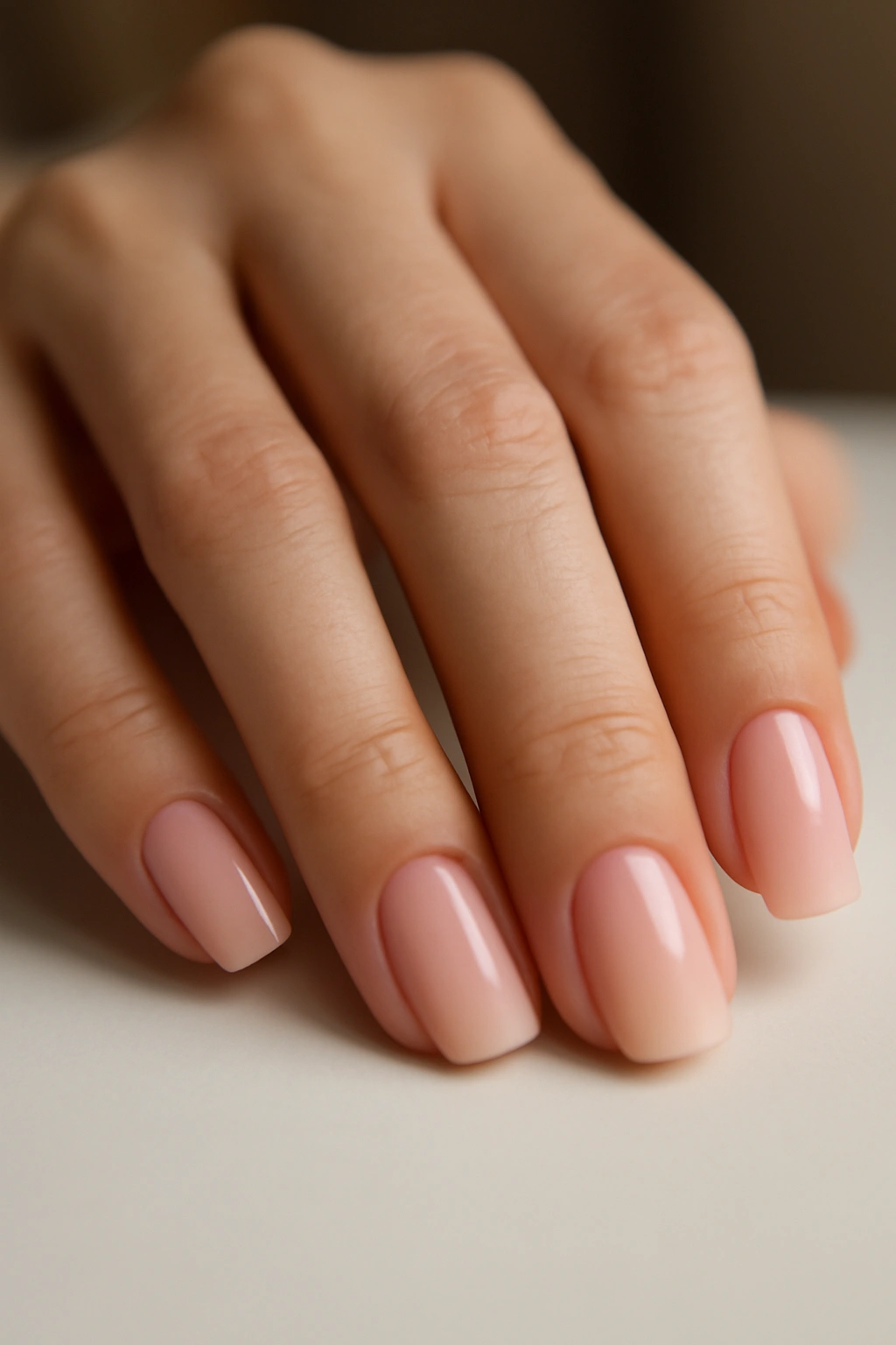 Close-up of nails with a gentle nude-to-rose ombre gradient