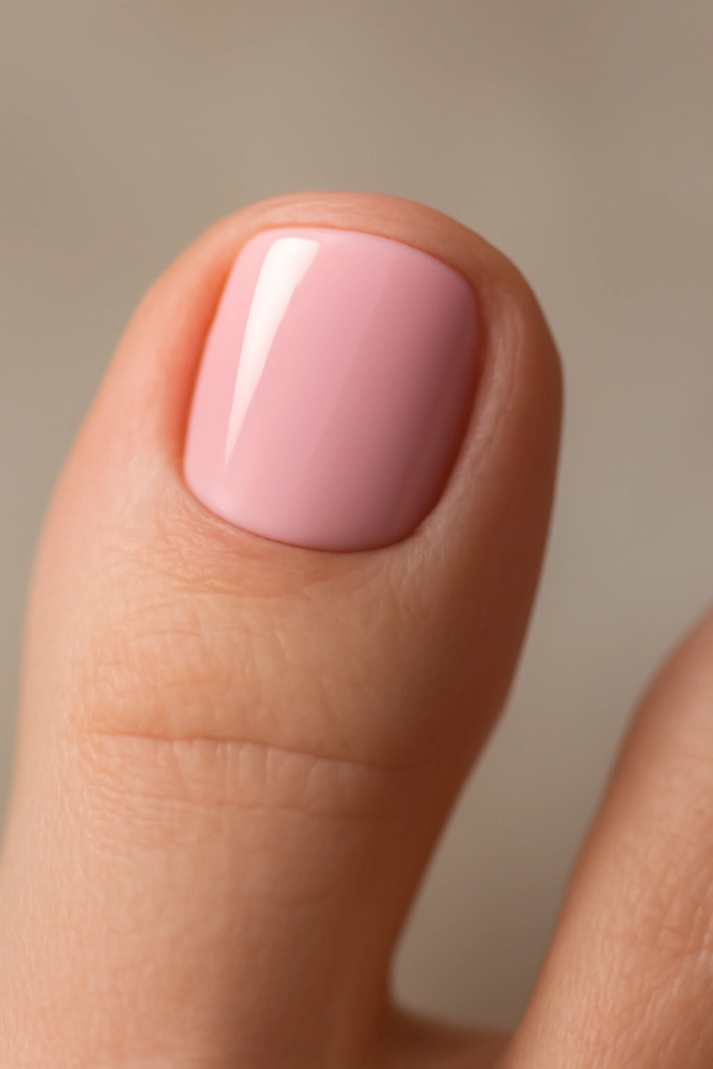 Close-up of a pastel pink toenail with glossy finish