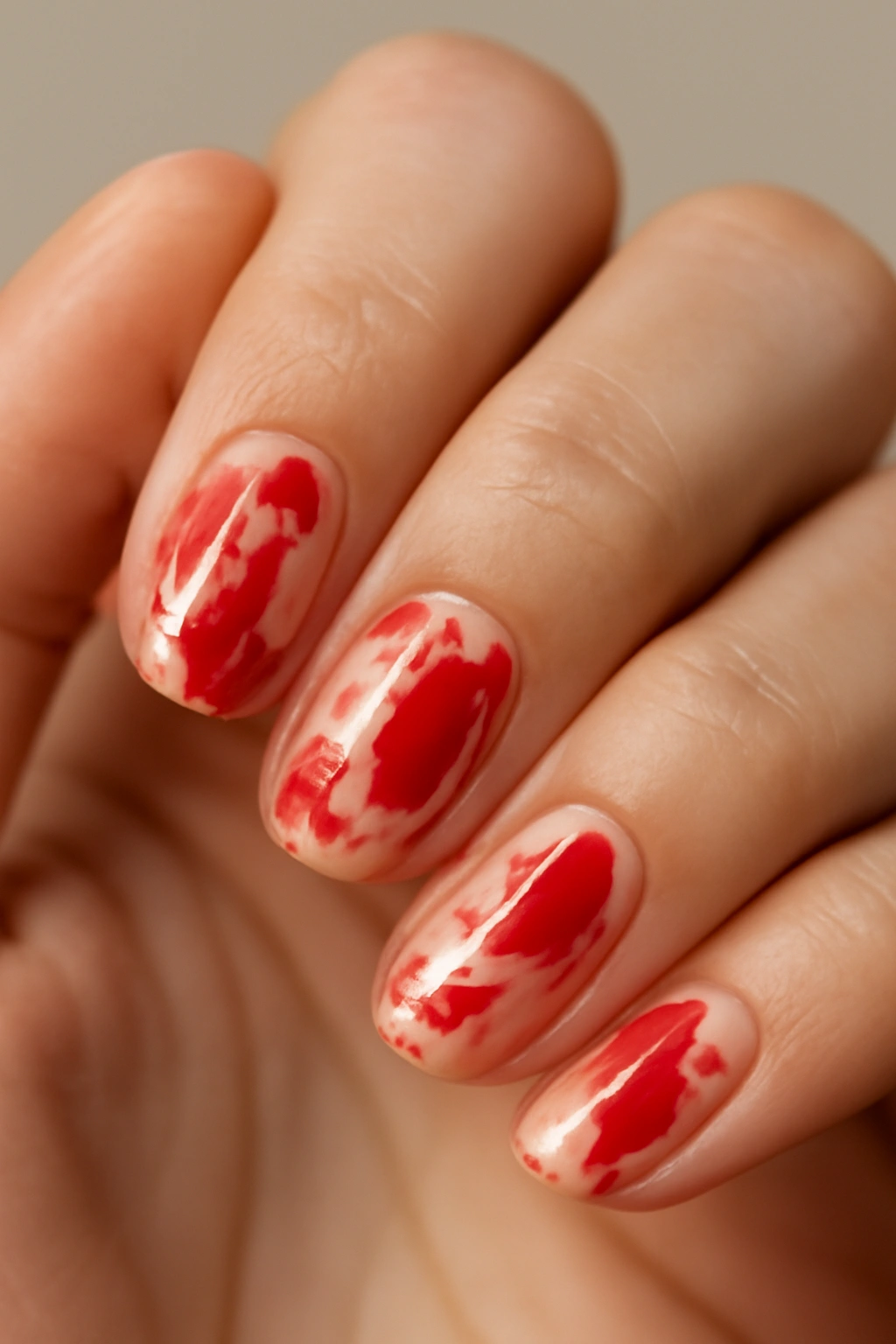 Close-up of red abstract nail art on hand
