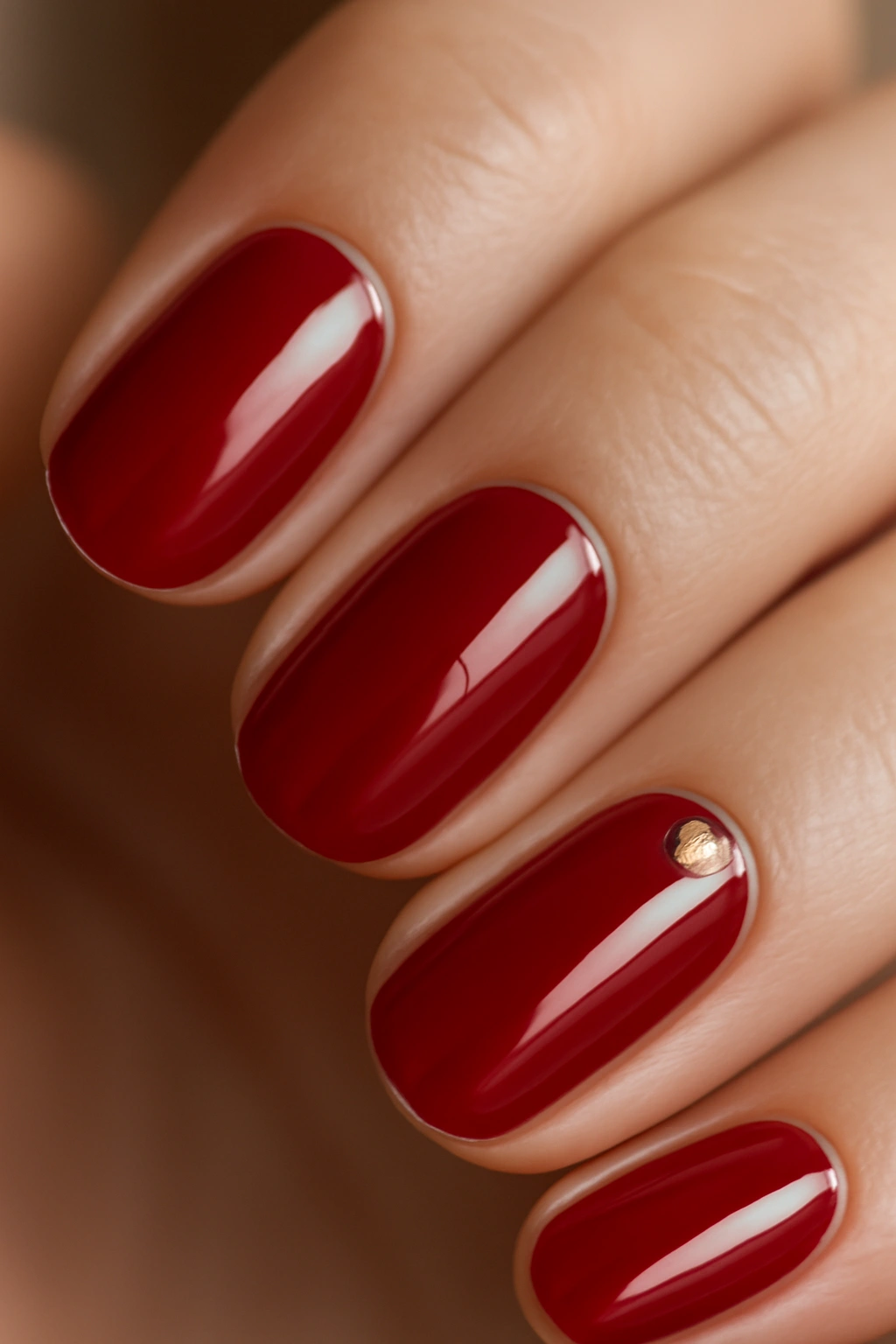 Close-up of red nails with delicate metallic details near the cuticle