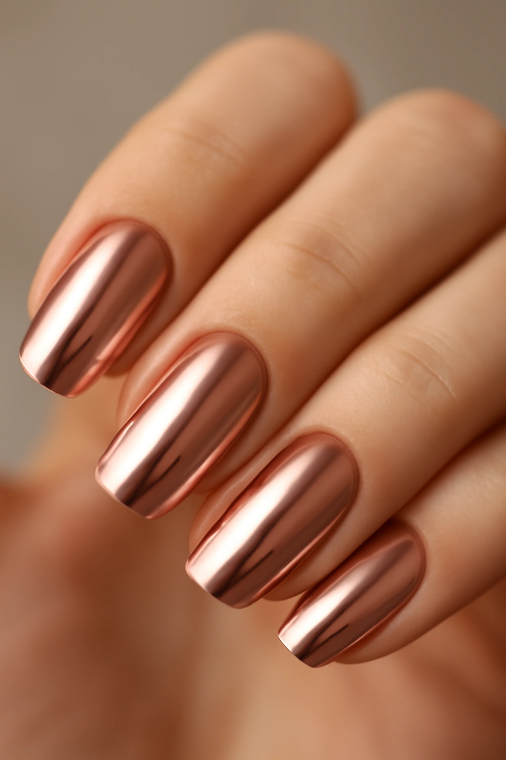 Close-up of rose gold chrome nails with warm reflective sheen