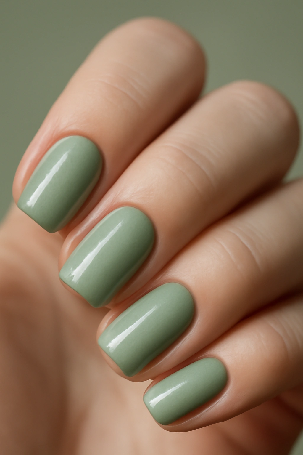 Close-up of sage green nails with subtle shimmer