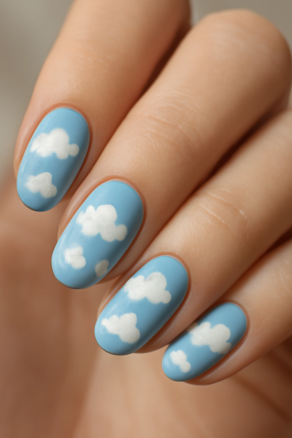 Close-up of sky blue nails with white cloud details on a neutral background