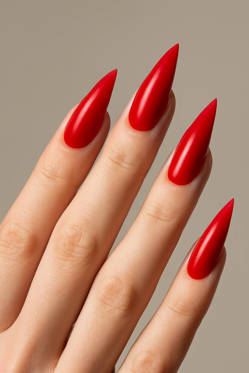 Close-up of elongated nails with sharp stiletto silhouette in bold color