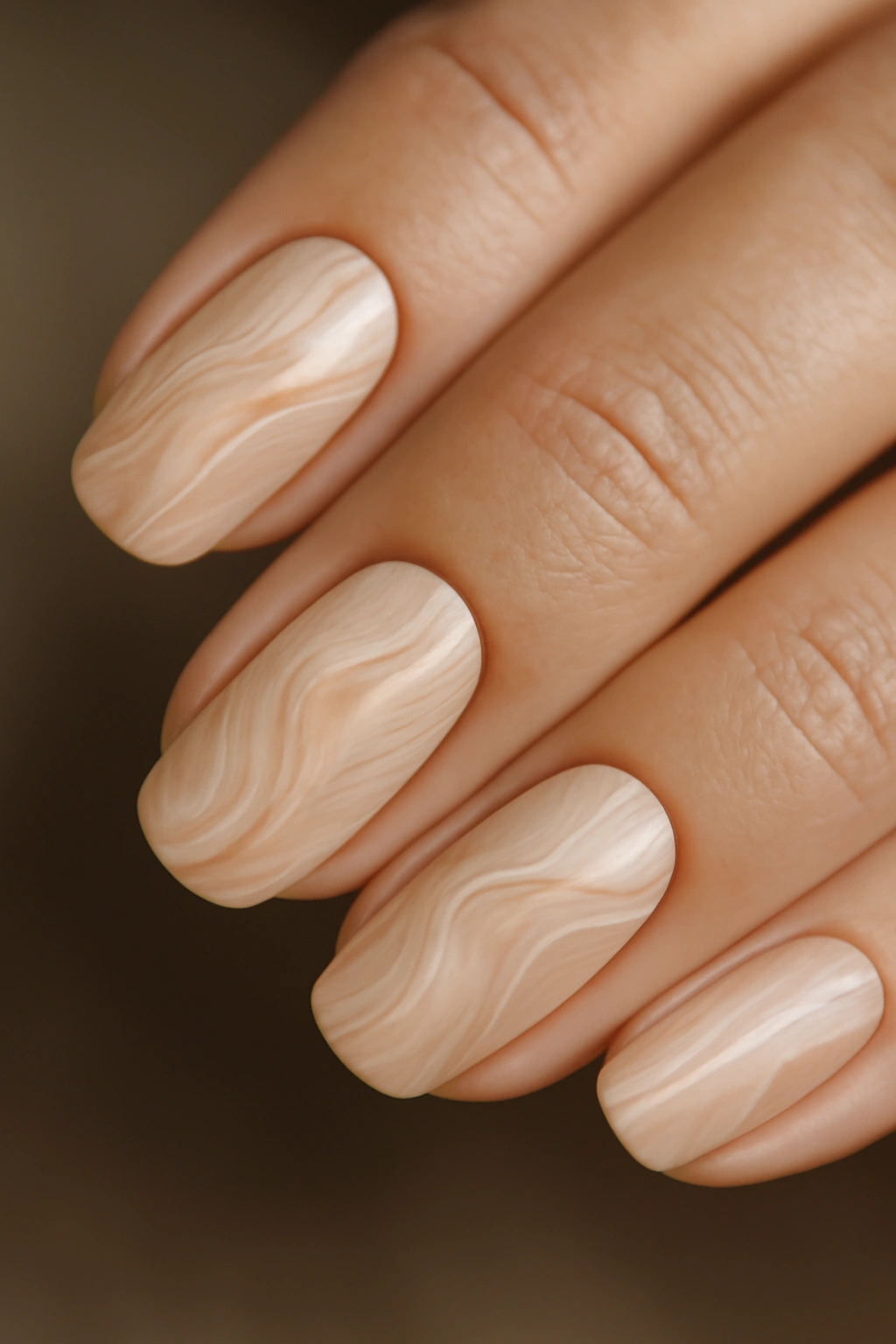 Nails with delicate subtle swirls and marbling on neutral base
