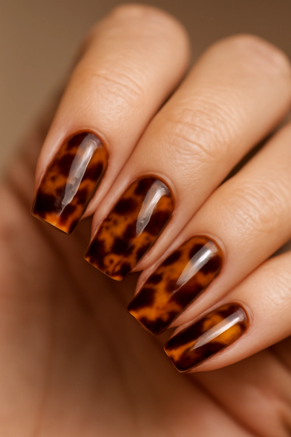 Close-up of tortoiseshell patterned nails with brown amber and black swirls