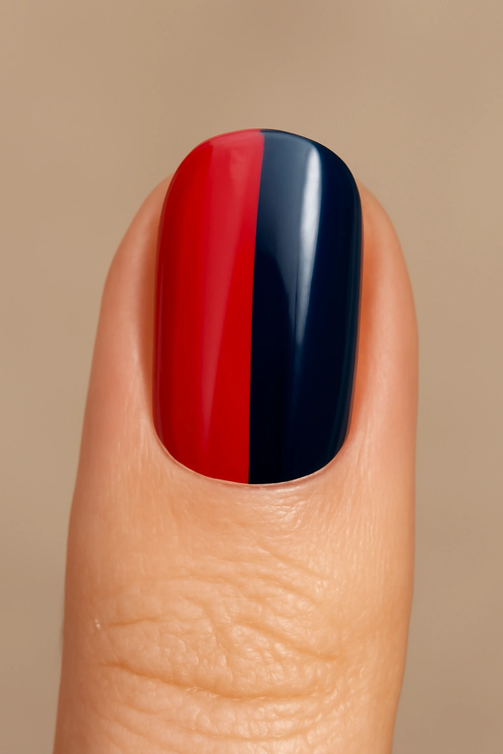 Close-up of a two-tone nail with a vertical color split