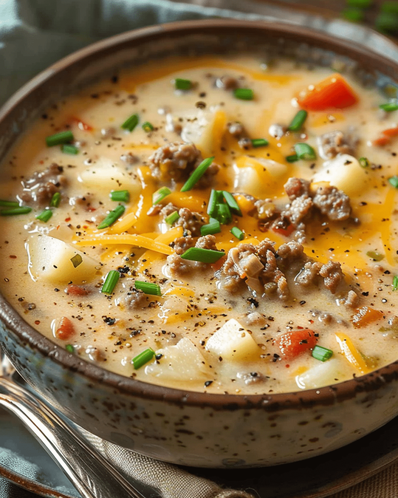 Cheeseburger Soup with Potatoes and Cream Cheese