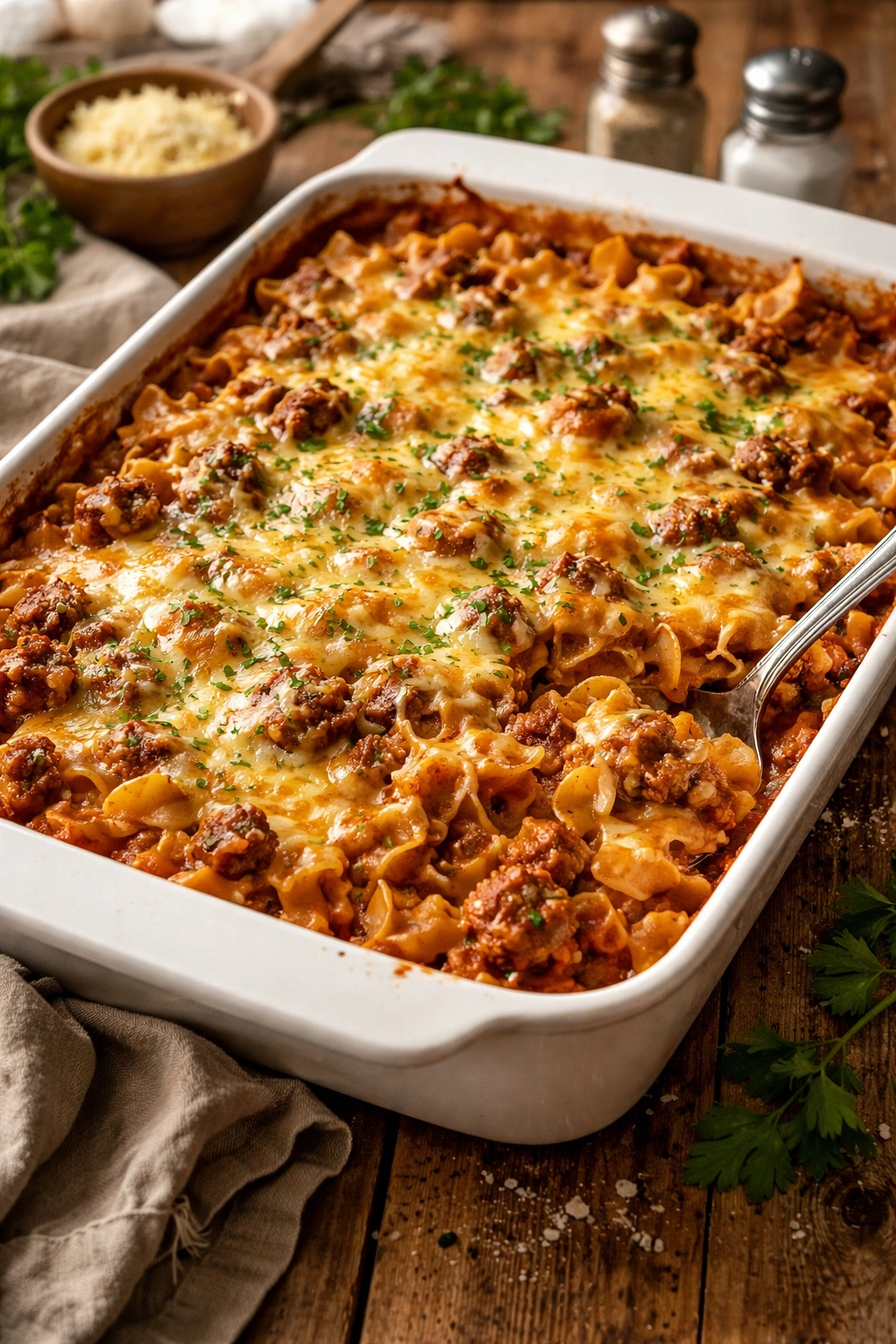 Close-up of cheesy beef and noodle casserole with a golden melted cheese topping