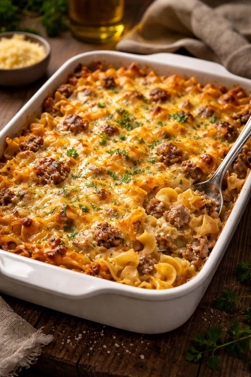 Close-up of bubbling cheesy beef and noodle casserole in a baking dish
