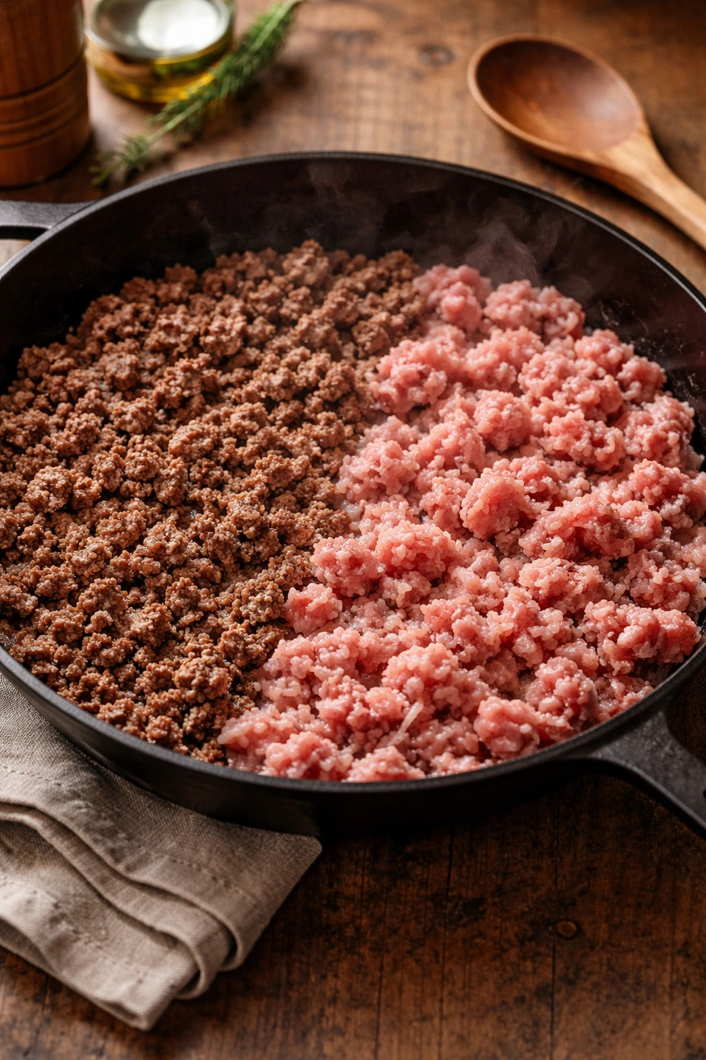 Close-up of ground beef and ground pork browning together in a skillet