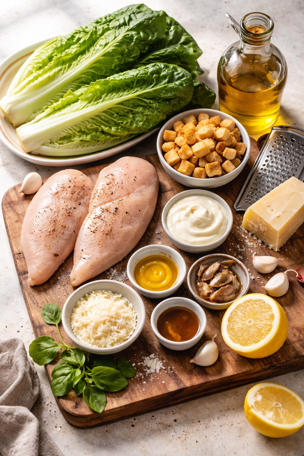 Close-up of Caesar salad ingredients on wooden board: romaine, chicken, lemon, garlic, parmesan, bread croutons, olive oil
