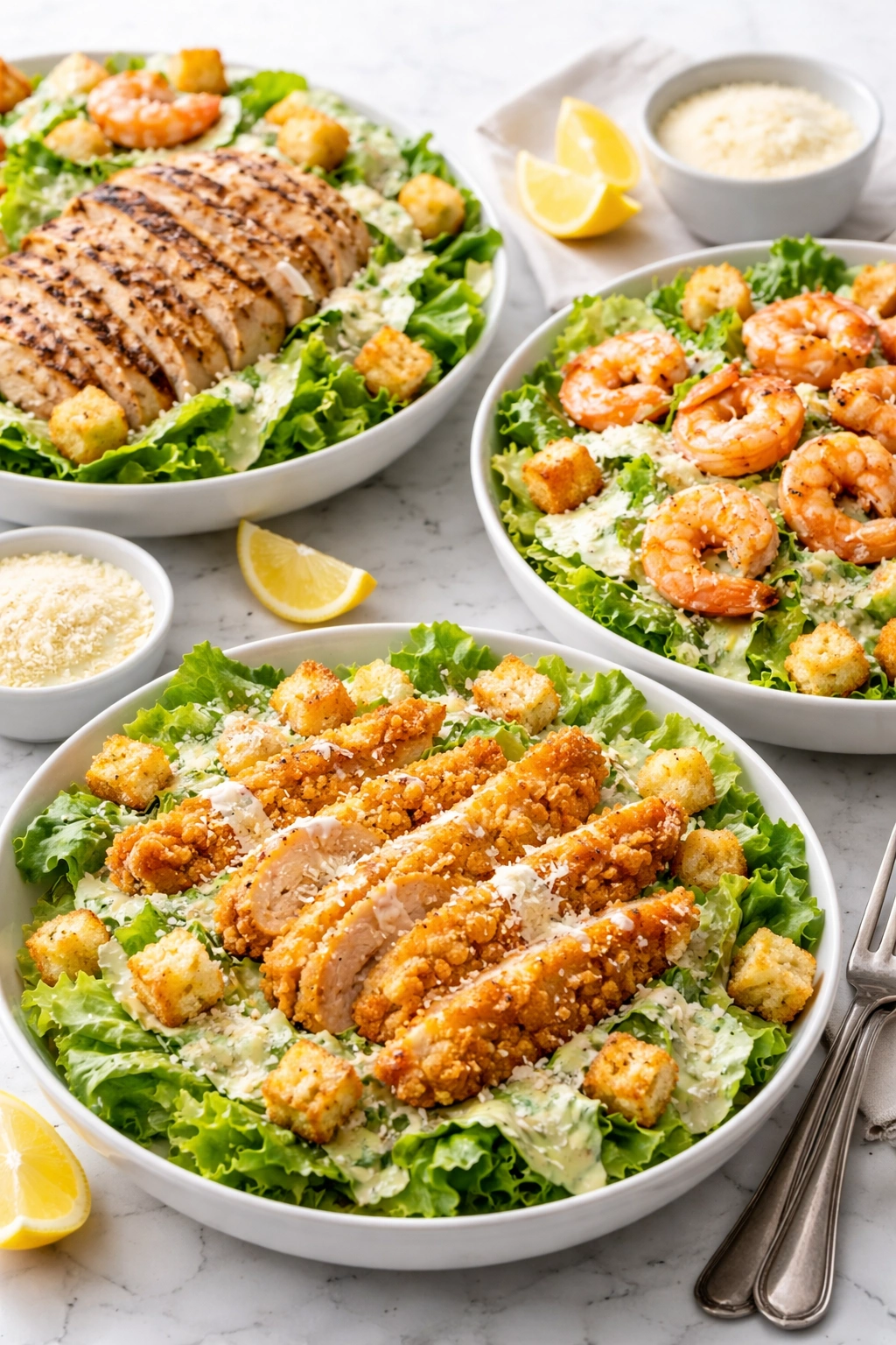 Three plates showing grilled chicken Caesar, crispy chicken Caesar, and shrimp Caesar variations with romaine and dressing