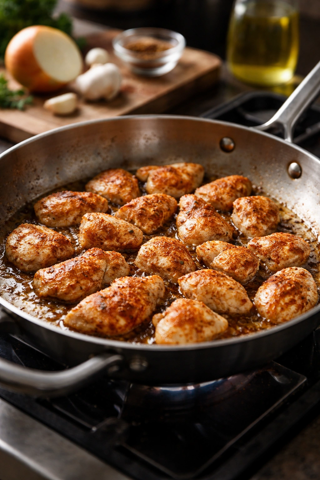 Seasoned chicken browning in a skillet for step 1