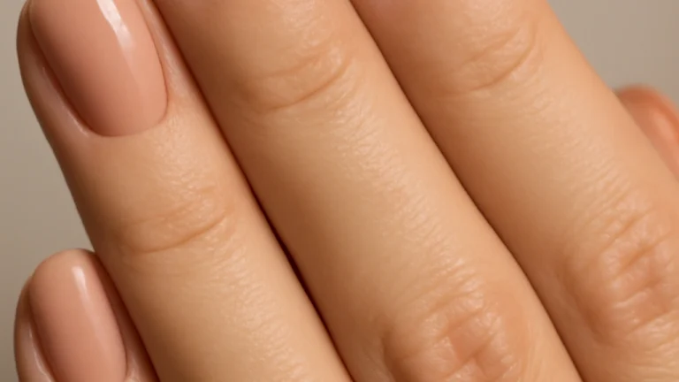 Close-up of hands with classic solid nude nails in a single even shade
