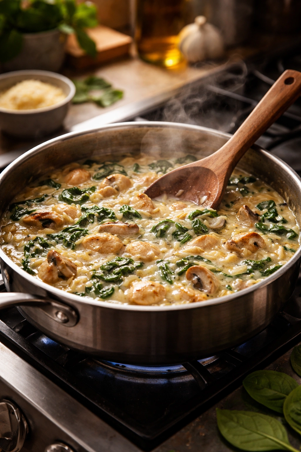 Creamy sauce simmering in pan with wooden spoon