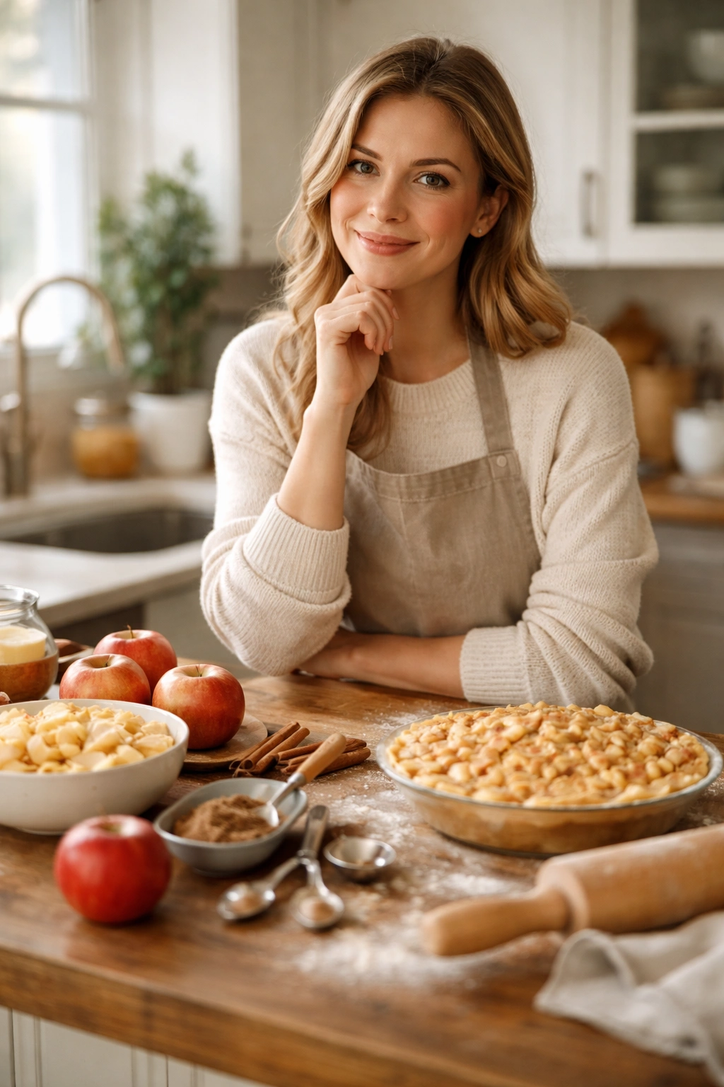 Thoughtful home cook in a bright kitchen with apples and measuring spoons