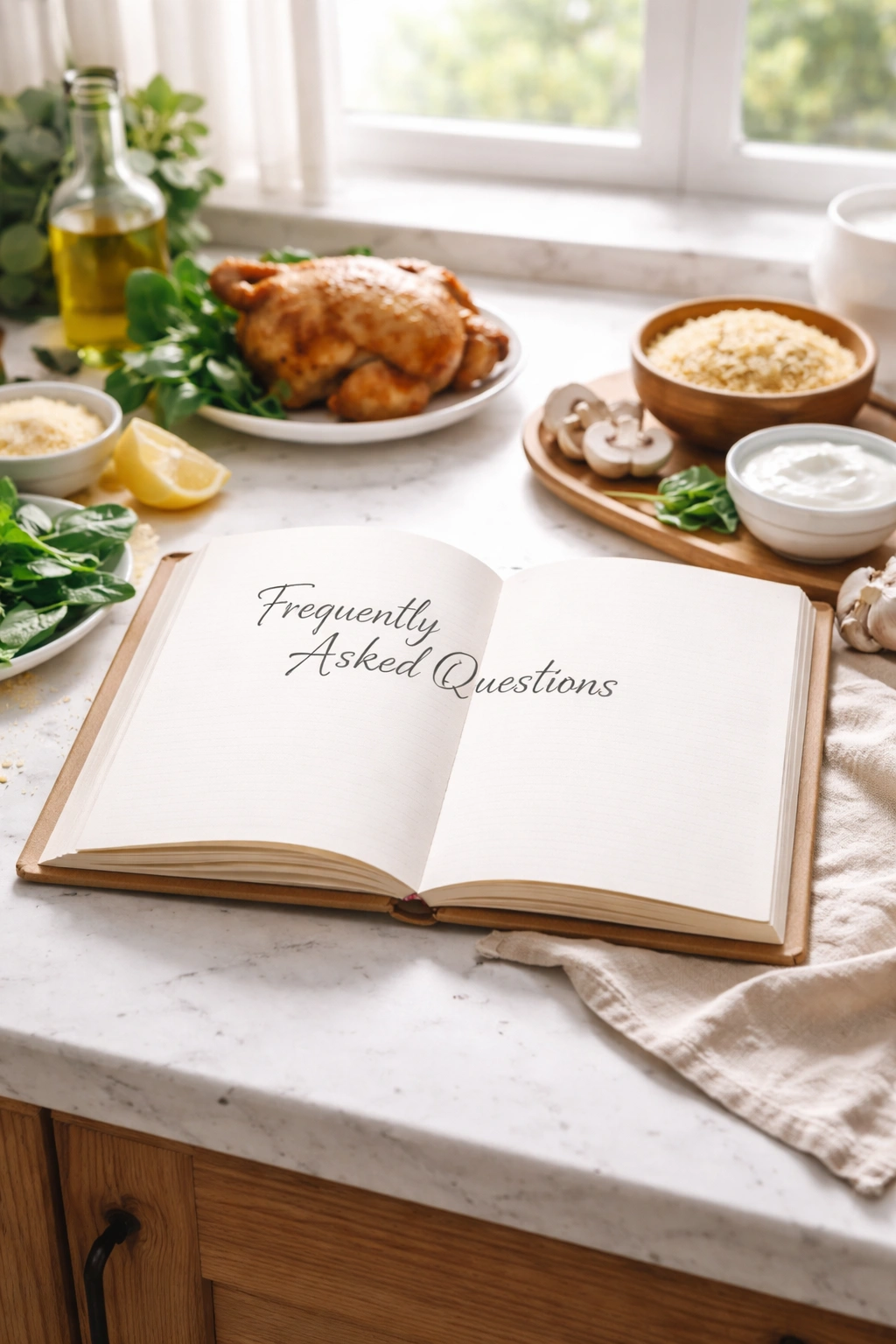 Blank notebook on a counter representing kitchen FAQs (no text)