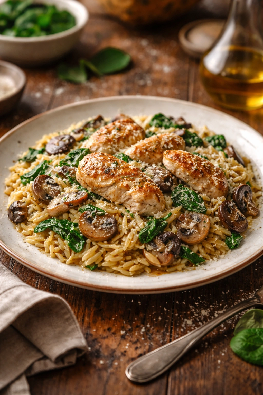 Cozy plated spinach mushroom orzo with chicken on a rustic table
