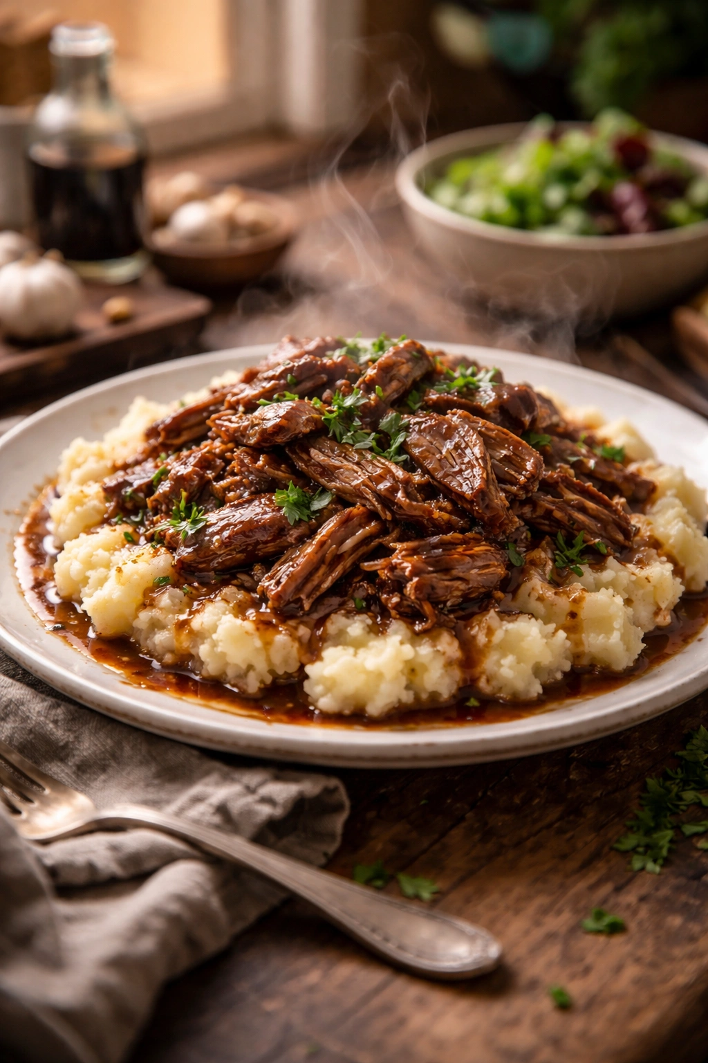Finished slow cooker pork plated warmly with steam