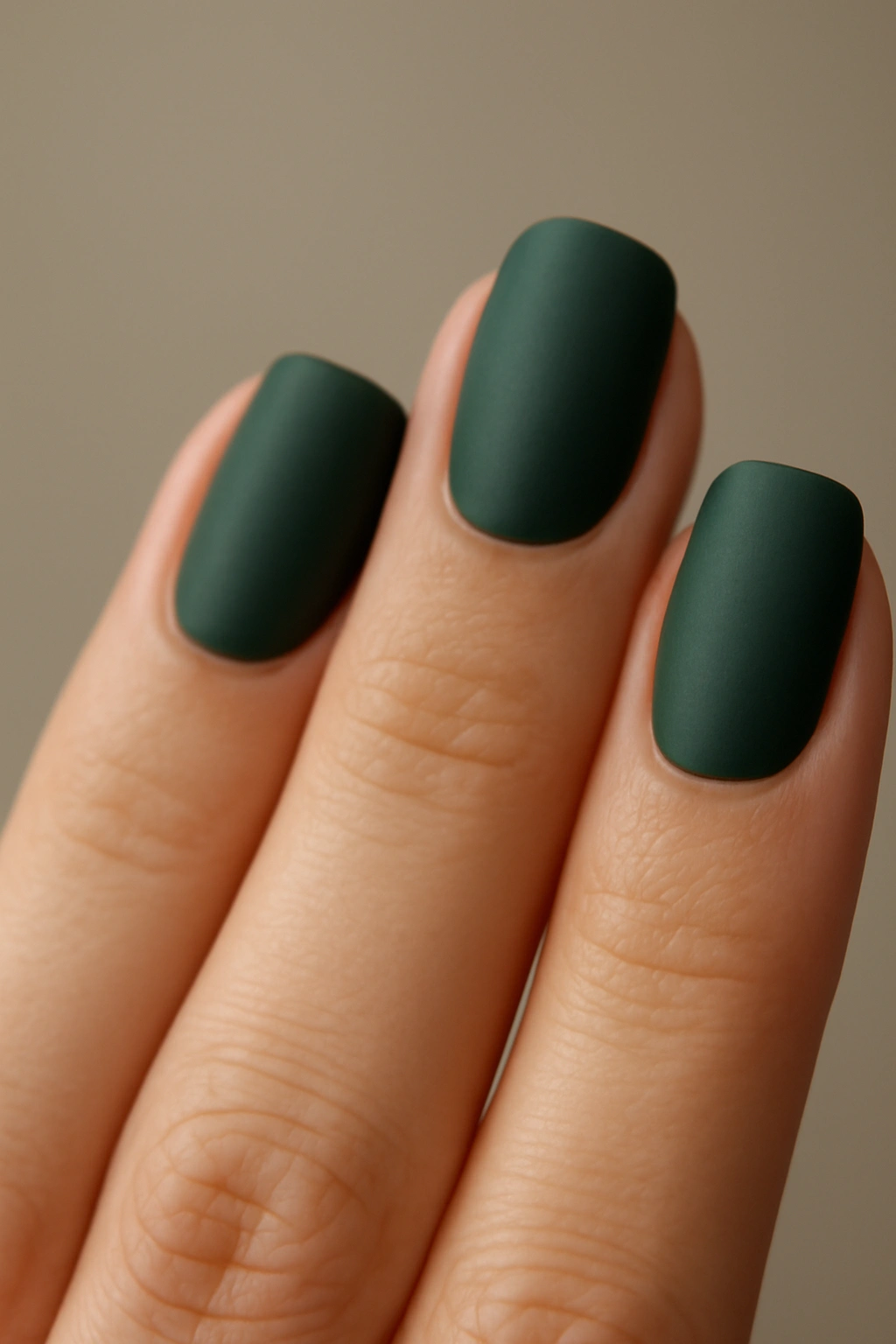 Close-up of forest green nails on a hand with matte finish