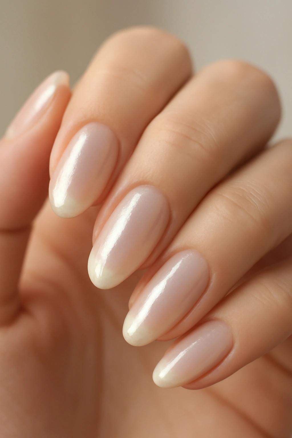 Close-up of glazed donut nails with pearlescent shimmer on nude base