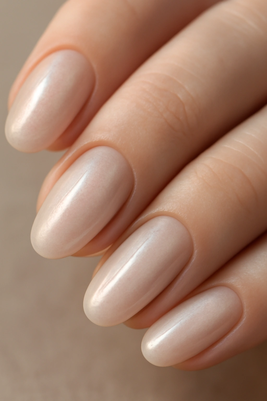 Close-up of milky nails with iridescent glaze shimmer