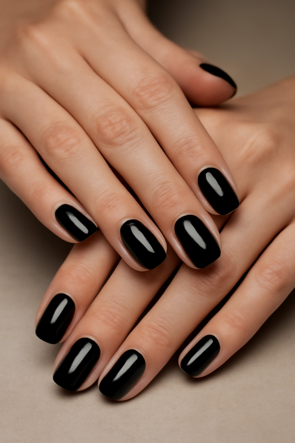 Close-up of ten glossy black nails with a flawless high-shine finish.