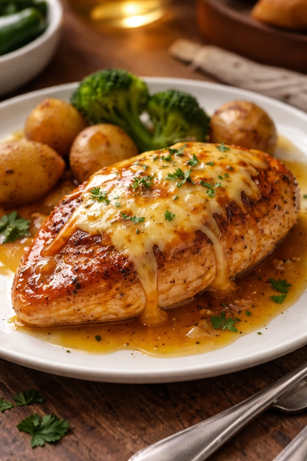 Close-up of honey mustard chicken with melted cheese on a plate