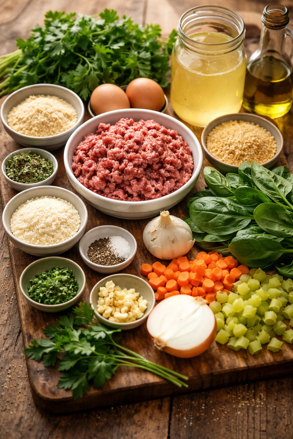 Top-down view of Italian Wedding Soup ingredients laid out on a wooden board