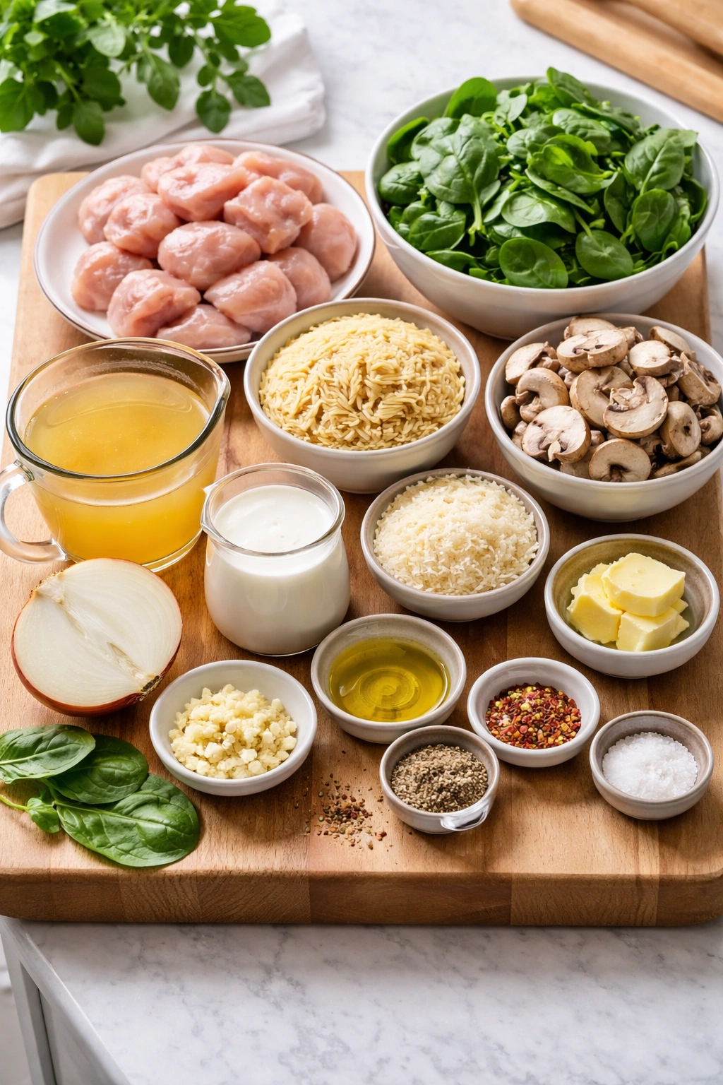 Assorted ingredients for Spinach Orzo With Chicken arranged on a board