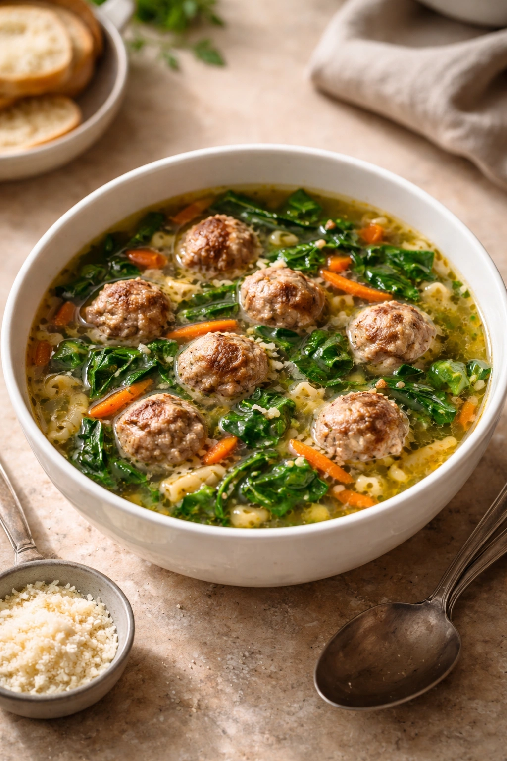 Close-up of Italian wedding soup with meatballs, greens, pasta, and carrots in broth