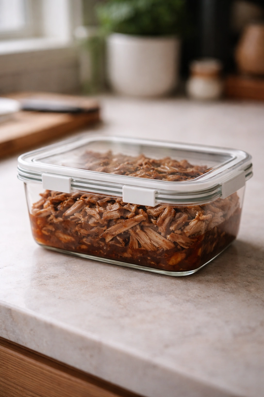 A sealed container of leftovers with pork and glaze