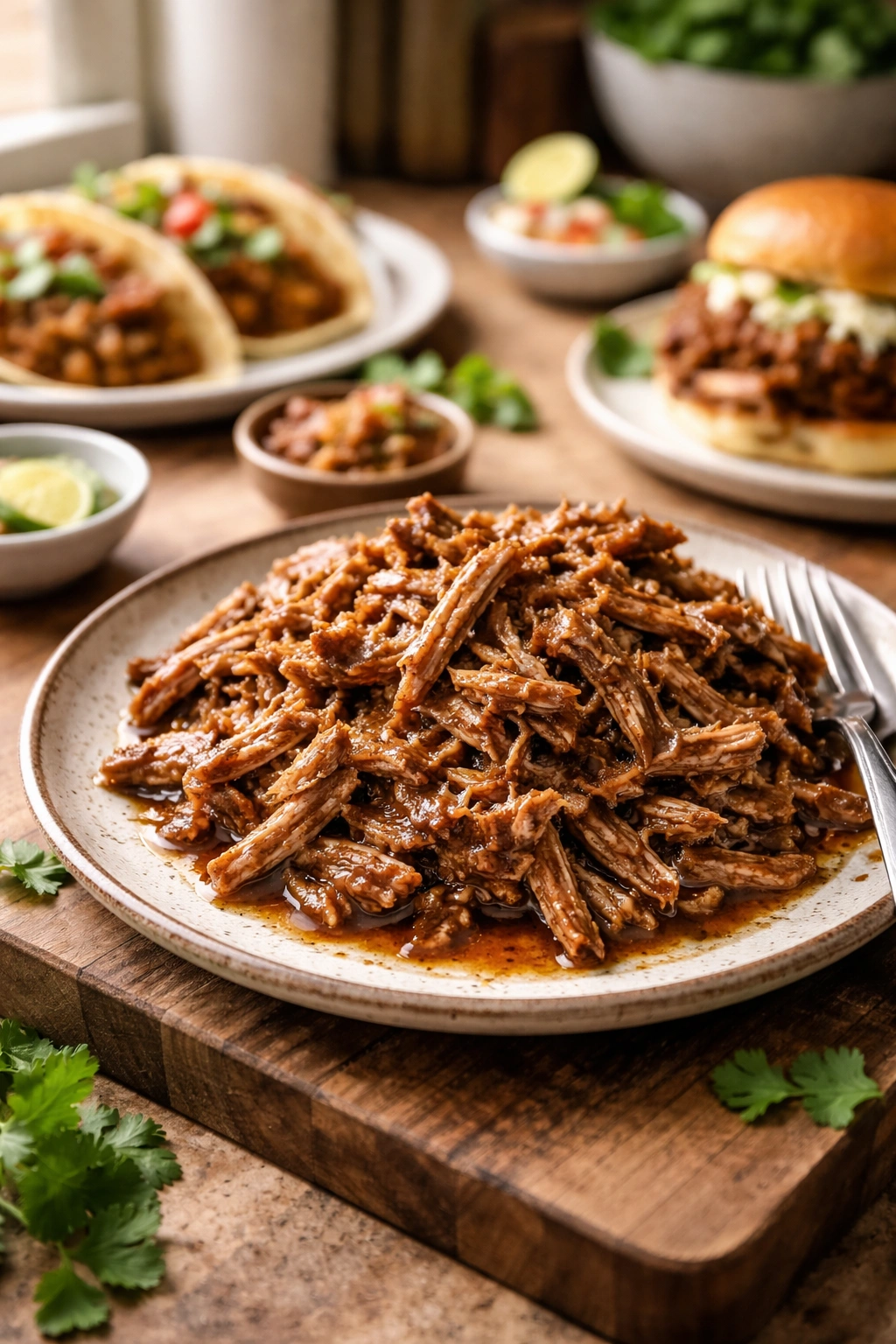 Close-up of shredded pork leftovers on a rustic plate with glossy glaze